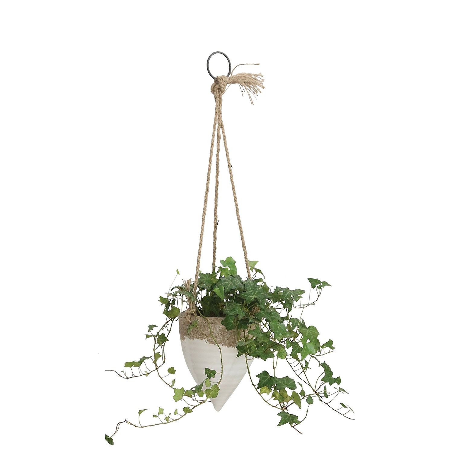 A white stoneware hanging planter with jute rope, containing greenery, displayed against a white background.